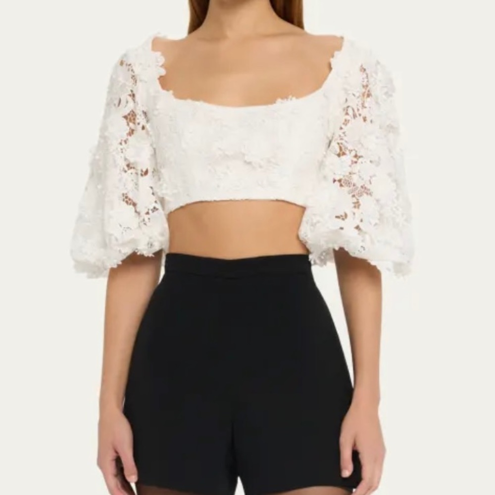 Zimmermann Raie Floral Lace Short-sleeve Crop Top